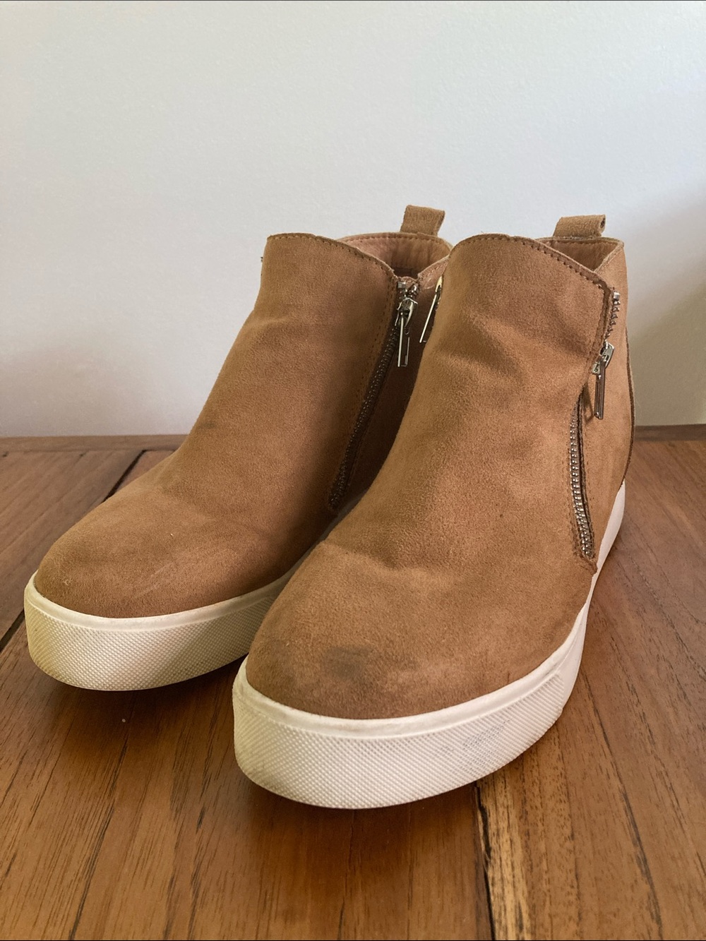 Soda Tan Suede Wedge Booties with Side Zippers